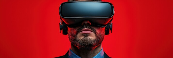 Aufkleber - Man Wearing Virtual Reality Headset Against Red Background