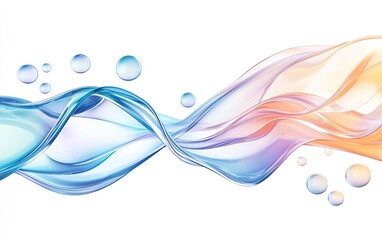 Poster - Flowing colorful waves of blue and orange with bubbles on a white background showcasing dynamic movement and fluidity