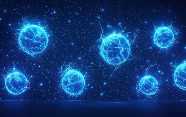 Poster - Glowing blue energy spheres creating a dynamic visual display against a dark background during a futuristic design event