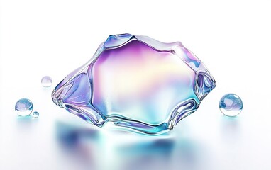 Poster - A translucent, iridescent glass sculpture with swirling colors reminiscent of a tranquil water surface, illuminated softly against a bright backdrop