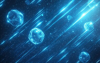 Poster - High-tech visualization of glowing particles moving through space in a dynamic cosmic environment with trailing light effects