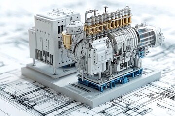 Poster - Detailed Model of a Complex Engine on Engineering Blueprints