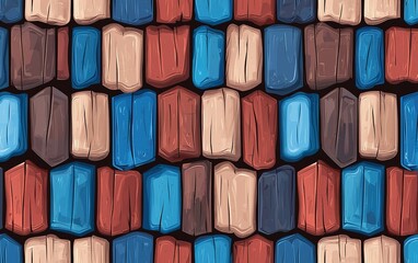 Poster - Colorful wooden blocks arranged in a striking pattern, showcasing vibrant hues of red, blue, and brown in a dynamic layout