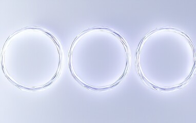 Poster - Three glowing circular light fixtures against a soft white background creating a modern and minimalist atmosphere