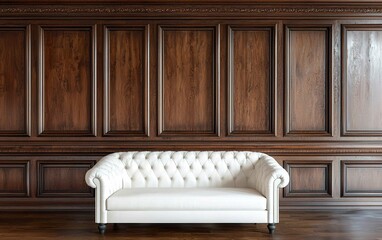 Poster - Elegant white chesterfield sofa in a classic wooden paneled room featuring rich textures and warm tones