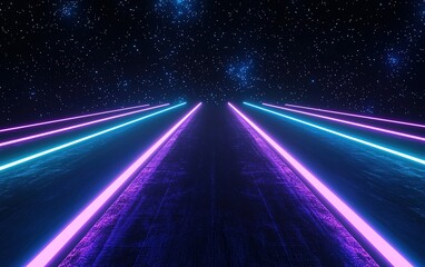 Poster - A vibrant neon path leading into a starry night sky filled with colorful light beams and cosmic wonders