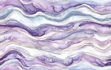 Poster - Fluid abstract design featuring waves of purple and white hues with gold accents creating a calming visual experience