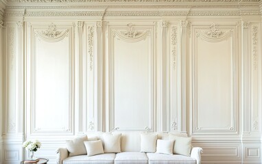 Poster - Elegant minimalist living room with white walls and a plush sofa, featuring detailed moldings and decorative accents