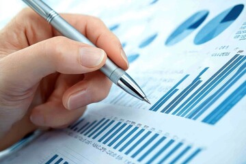 Leinwandbilder - Close-up of a hand holding a pen over a bar graph on a sheet of paper