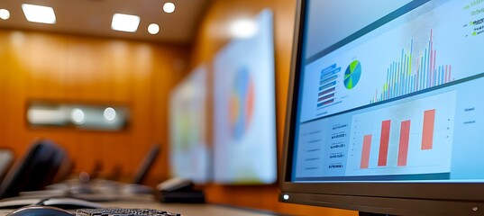 Poster - A dynamic image of a business presentation being given in a large conference hall, with a focus on the screen showing charts