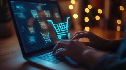 Poster - A person shopping online with a shopping cart icon on a laptop screen.