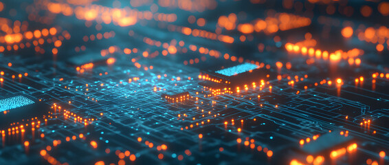Poster - Circuit Board Glow: Abstract close-up of a vibrant circuit board, glowing with an ethereal blue and orange light, highlighting intricate technological details.