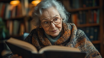 Aufkleber - An elderly woman sits comfortably in a chair, engrossed in a book in a cozy library filled with warm light. Shelves of literature surround her, creating a peaceful atmosphere.