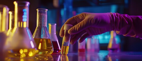 Aufkleber - Gloved Hand Holding a Test Tube with Yellow Liquid in a Laboratory Setting