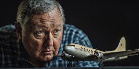 Poster - Close-up Portrait of a Man Gazing at a Model Airplane
