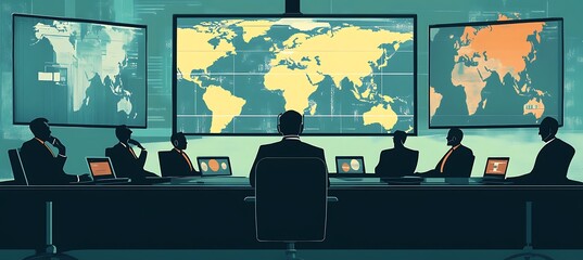 Poster - A dynamic image of a business team engaged in a video conference call with screens showing participants from around the world.