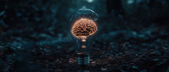 Poster - A Glowing Brain Inside a Light Bulb in a Dark Forest