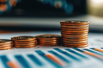 Aufkleber - Coins Stacked on a Financial Chart with Blue and Orange Bars
