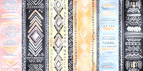 Poster - Vibrant Tribal Textile Design: A captivating watercolor illustration featuring a rich tapestry of ethnic patterns, boasting a blend of warm earth tones and cool blues, perfect for textile design.