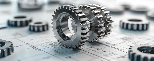 Poster - Metallic Gears Resting on a Technical Drawing