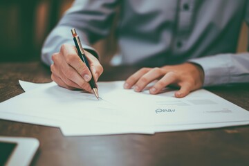 Aufkleber - Close-up of a person's hand signing a document with a pen.