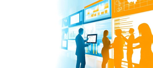 Poster - A dynamic image of a business team collaborating around a large touchscreen, with various data visualizations and charts displayed