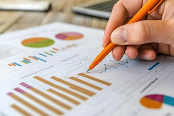 Aufkleber - Hand Holding Orange Pen Pointing at Bar Graph on Paper