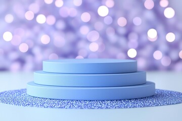 Poster - Blue Cylindrical Platform with Glitter and Bokeh Background
