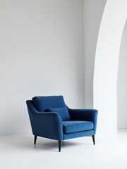 Poster - A blue velvet armchair sits in a minimal studio with crisp white walls and a focus on modern design elements and sleek architectural style