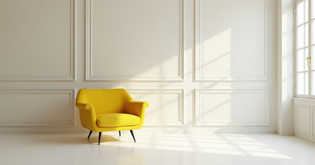 Poster - A bright yellow chair sits in a sleek modern studio with classic wall paneling and an empty airy space featuring a premium design aesthetic