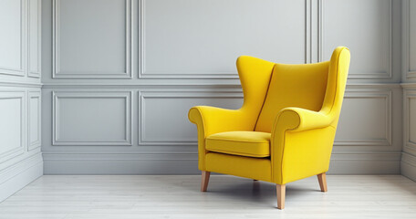 Poster - A bright yellow chair sits in a sleek modern studio with classic light gray paneling and an airy premium design aesthetic