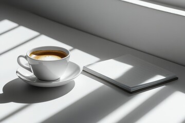 Sticker - A white coffee cup sits on a small table next to a notepad in soft morning light