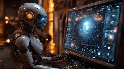 Poster - A sleek hologram of an AI assistant navigating advanced technology in a futuristic setting