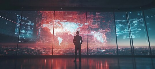 Poster - a futuristic image of a businessman interacting with a digital hologram of global business data, set