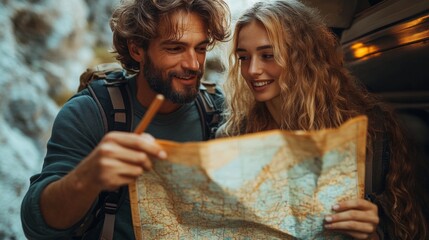 Poster - A young couple engages in an outdoor adventure, studying a detailed map together while surrounded by nature's beauty. They appear excited and ready to explore.