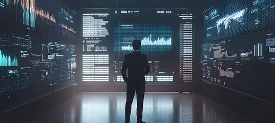 Poster - a futuristic image of a businessman interacting with a digital hologram of financial data, set in a 