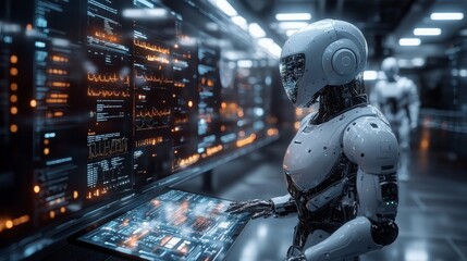 Poster - Futuristic workspace with multiple AIs interacting with advanced technology at a digital hub