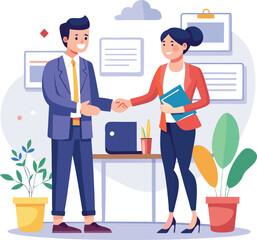 People shaking hands at work - Two businesspeople, man and woman doing handshake in office at work while smiling over business agreement and deal. Flat design stock illustration on white background