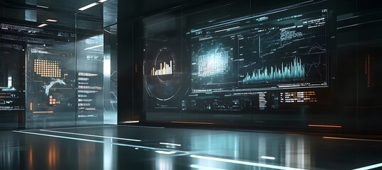 Poster - A futuristic image of a digital interface with holographic business charts and graphs floating in the air, set in a high-tech office.