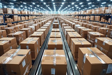 Poster - Cardboard Boxes on Conveyor Belts in a Warehouse