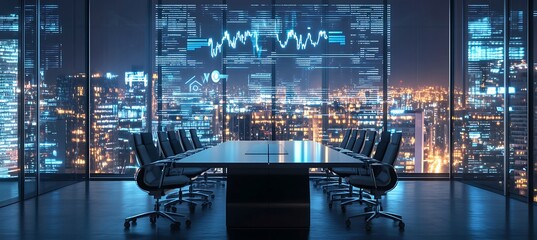 Poster - A futuristic office space with large glass windows overlooking a cityscape, featuring a sleek conference table and digital holograms of financial graphs hovering in the air