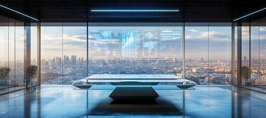 Poster - A futuristic office space with large glass windows overlooking a cityscape, featuring a sleek conference table and digital holograms of financial graphs hovering in the air