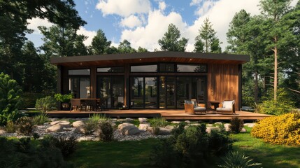 Poster - Modern smart home with large windows and a simple design.