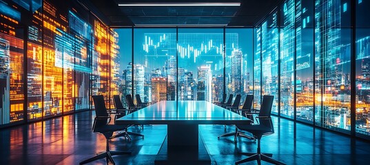 Poster - A futuristic office space with large glass windows overlooking a cityscape, featuring a sleek conference table and digital holograms of financial graphs hovering in the air