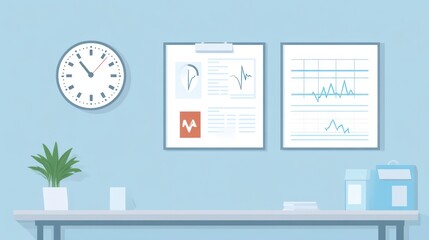 Poster - A minimalist office space featuring charts, a clock, and a plant, suggesting a professional environment.