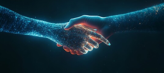 Poster - A futuristic representation of a digital handshake between two businesspeople, symbolizing global partnerships and collaboration, with digital effects in the background