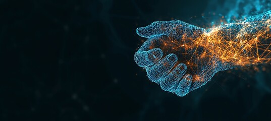 Poster - A futuristic representation of a digital handshake between two businesspeople, symbolizing global partnerships and collaboration, with digital effects in the background