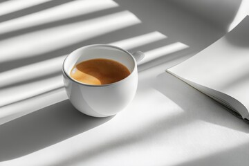 Poster - A warm cup of coffee sits on a white table beside an open book with sunlight casting shadows