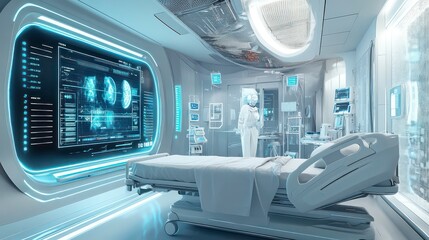 Aufkleber - Modern hospital room with a futuristic design featuring a digital screen displaying medical data and a hospital bed.