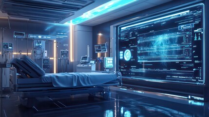 Aufkleber - Modern hospital room with a futuristic design featuring a digital screen displaying medical data and a hospital bed.